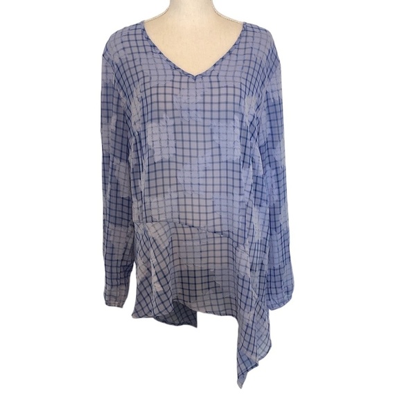 Lori Goldstein Blouse Women's Size Large Blue Sheer Asymmetrical Floral Appliqué - Picture 8 of 8